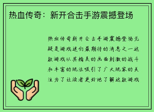 热血传奇：新开合击手游震撼登场