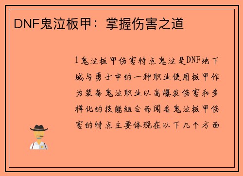 DNF鬼泣板甲：掌握伤害之道