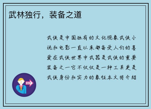 武林独行，装备之道