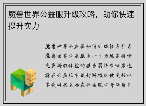 魔兽世界公益服升级攻略，助你快速提升实力